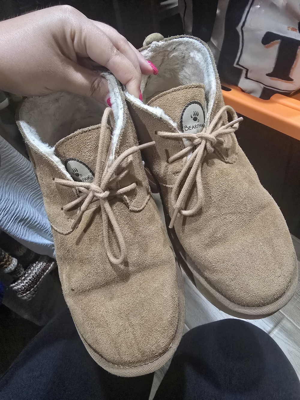 BearPaw Tan Suede Lace-Up Shearling Shoes